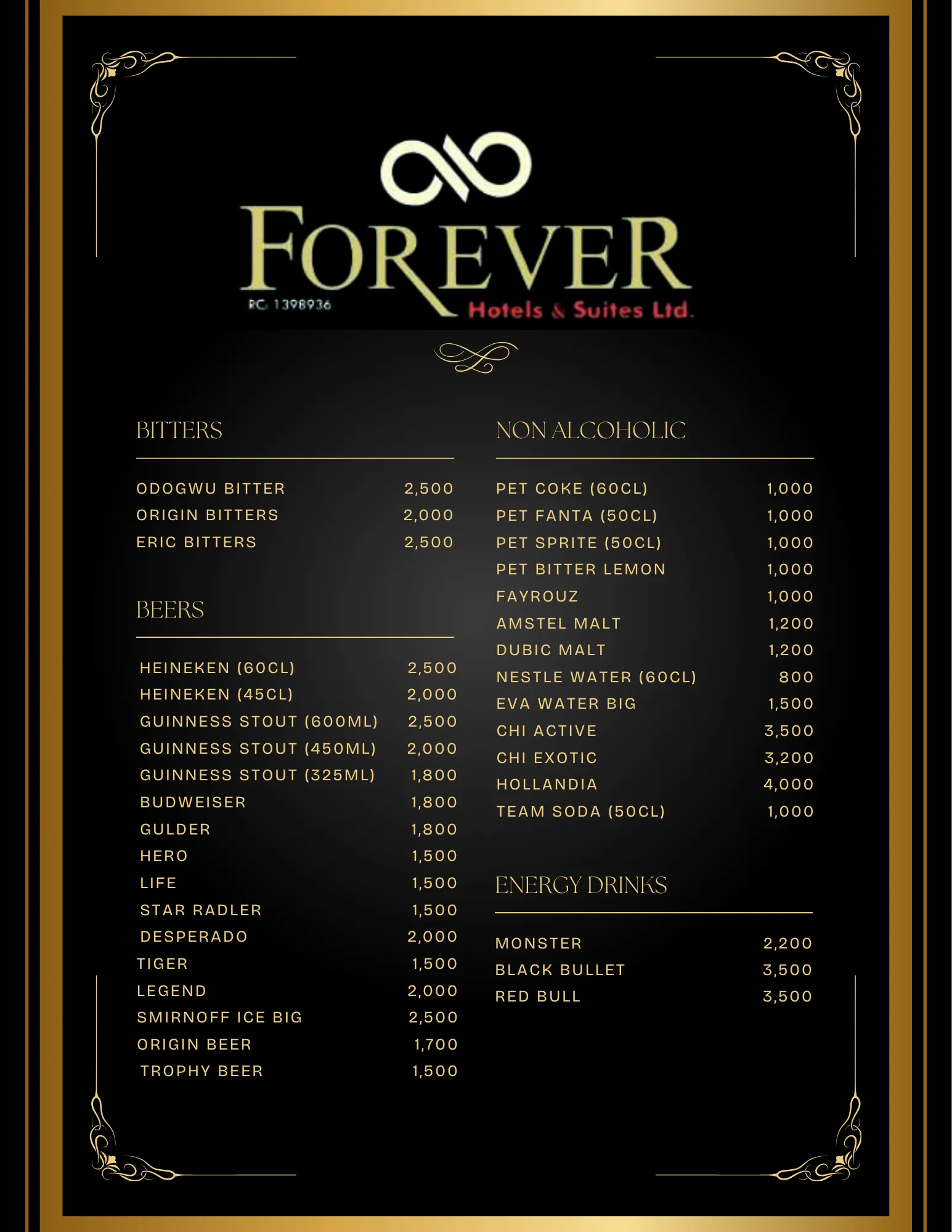 Bar menu with drink prices in naira