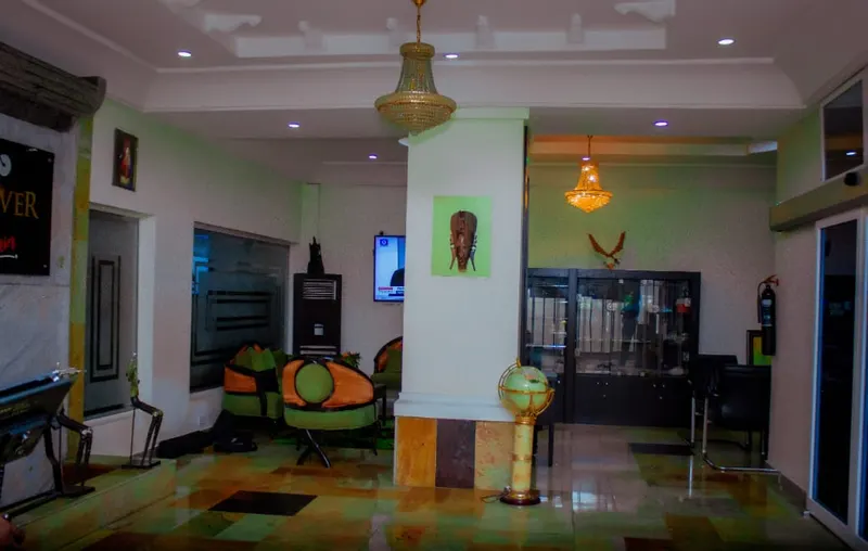 The lobby lounge with chandeliers